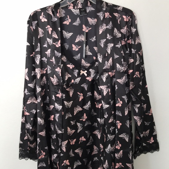 🦋ROBE AND CHAMISE🦋MATCHING BUTTERFLY PINK & GREY BUTTERFLY’S ON BLACK L/XL - Picture 11 of 11